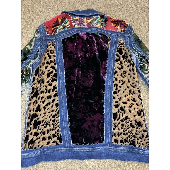 JOHN MARK Velvet Burnout Cut Out Patchwork Sheer Denim Jacket Boho Goth Fairy S - Picture 5 of 11